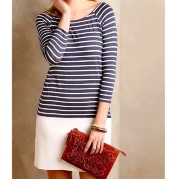 Anthropologie Bailey44 Blue White Striped Jersey Shift Dress Vegan Leather SZ M - Picture 1 of 12